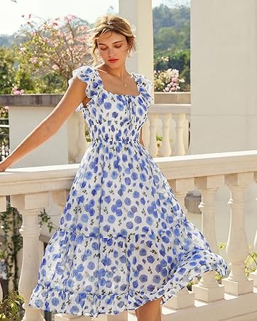 GRACE KARIN Women's Summer Floral Maxi Dress 2026 Ruffle Sleeve Smocked Sundress Flowy Wedding Gu...