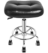 Round Rolling Stool: Adjustable Height, 360°Smooth Swivel, Stool with Wheels and Footrest, PU Lea...