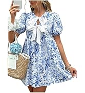 Floerns Women's Elegant Plaid Tweed Dress Bow Front Lantern Long Sleeve 2 in 1 Mini Houndstooth D...