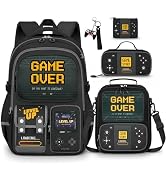 SZWNHS Boys Backpack with Lunch Box Set, 4 PCS Gamer School Bookbag for Boys, Red Blue Gaming Ele...