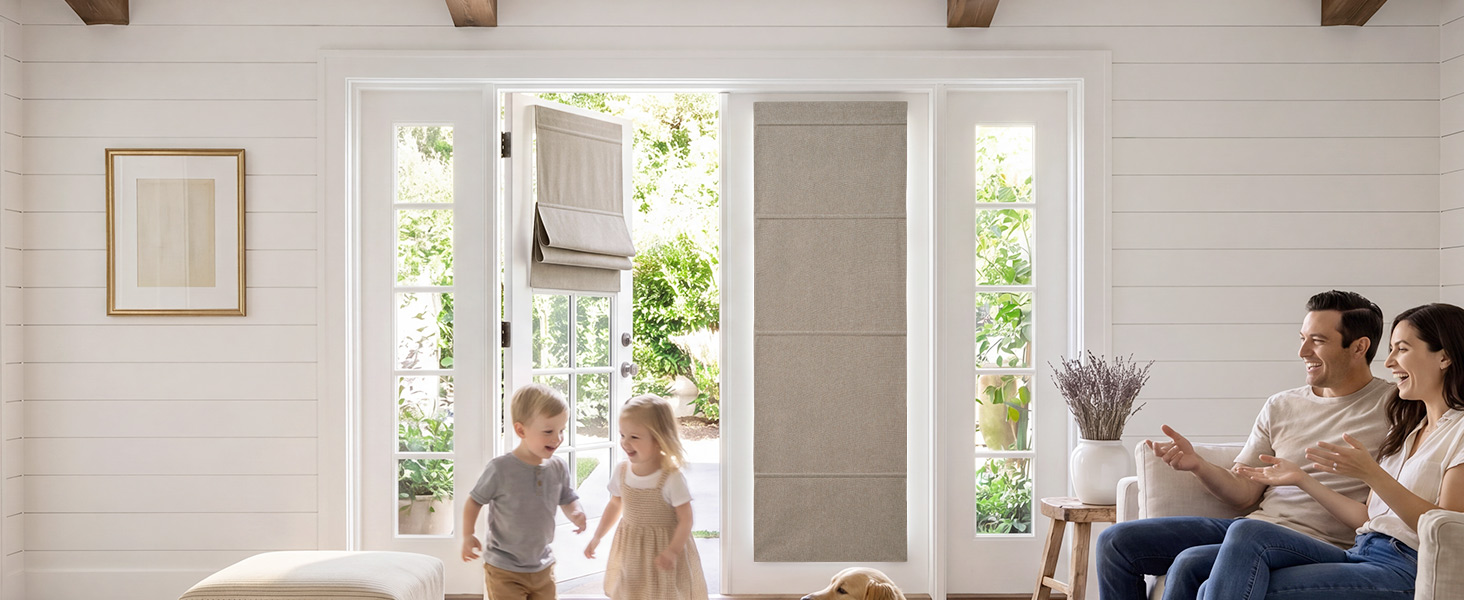 Blackout No Drill Roman Shades for Windows & French Door Cordless Door Curtain Privacy Window Blind