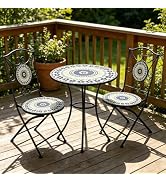 ROARLITEE 3 Piece Bistro Sets Mosaic Tile Round Table Folding Chairs Garden | Set of 3 Patio Furn...
