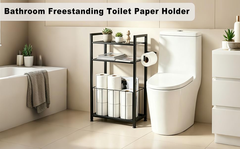 Black Toilet Paper Holder Stand with Shelf and Basket