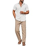 COOFANDY Men 2 Piece Linen Outfit Beach Button Down Shirt Casual Loose Pant Sets
