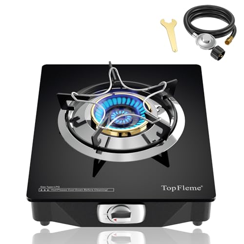 600 BTU High-Efficiency Tempered Glass Auto-Ignition Gas Burner Stove Top with CSA Hose for Outdoor RV Camping Emergency Cooking