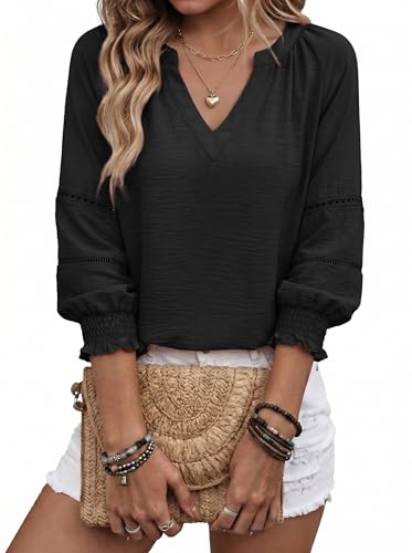 Dokotoo Womens 3/4 Sleeve Tops Pleated Business Casual Outifits V Neck Blouses Office Loose Shirts