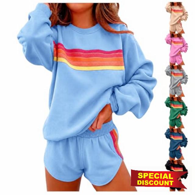 Womens 2 Piece Lounge Sets Casual Rainbow Striped Outfits Long Sleeve Sweatshirt Matching Shorts Set Sweatsui