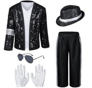 Dance Star Kids Costume for Boys 80s 90s Pop Stage Cosplay Party Halloween Role Play Black 3-12 Years