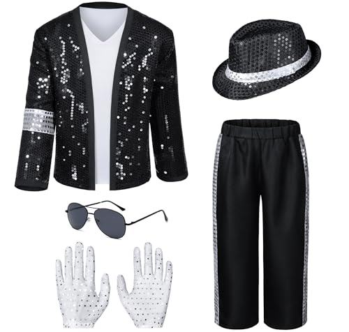 Dance Star Kids Costume for Boys 80s 90s Pop Stage Cosplay Party Halloween Role Play Black 3-12 Years