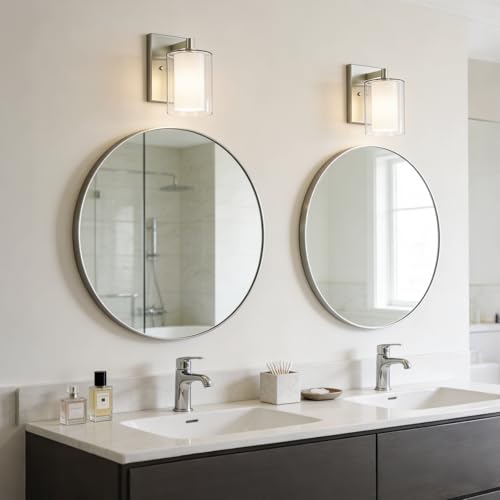 Modern Brushed Nickel Vanity Wall Lights | Double Clear Glass Shades With E26 Base