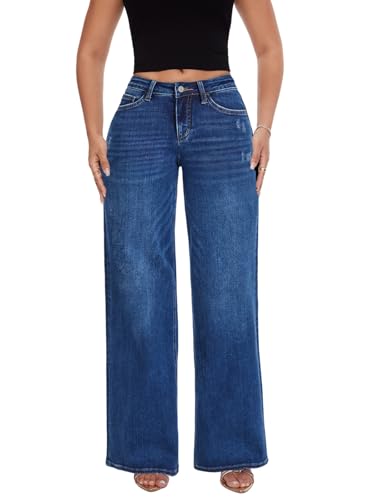 ONESO Mid-Low Rise Baggy Jeans Wide Leg for Women Distressed Pants Stretchy Bottom Lady Basic Comfortable Denim