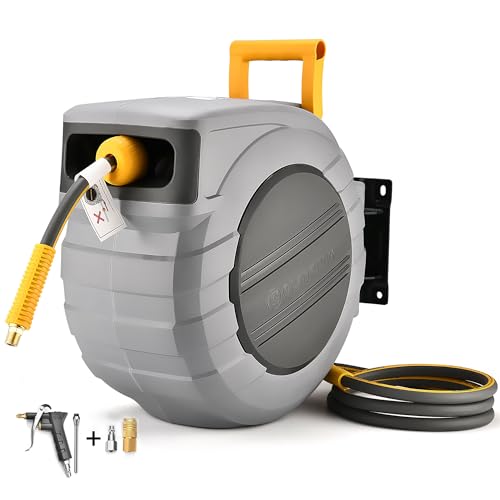 3/8 in x 100 Ft Hybrid Hose Air Compressor Hose Reel with 6 Ft Lead in Max 300 PSI Patented Design for Any Length Lock 180°Swivel Bracket Quick Couple