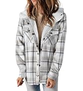 Dokotoo Womens Plaid Shacket Jacket Long Sleeve Button Down Fleece Hooded Jackets Warm Coat