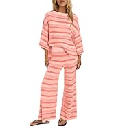 ReachMe Womens Oversized Striped 2 Piece Set Sweater and Wide Leg Pants with Pockets Pajama Loung...