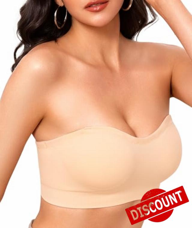 Strapless Bras for Women Non-Slip Wireless Bandeau Bra Seamless Padded Tube Top Bra Including Fabric & Clear Straps