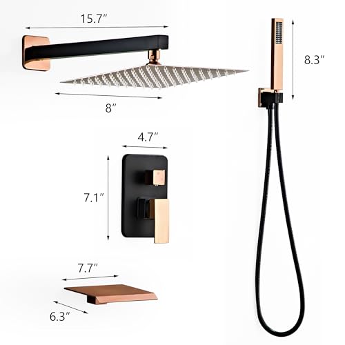 Rain Shower and Handheld Shower System Square Wall Mount for Bathroom