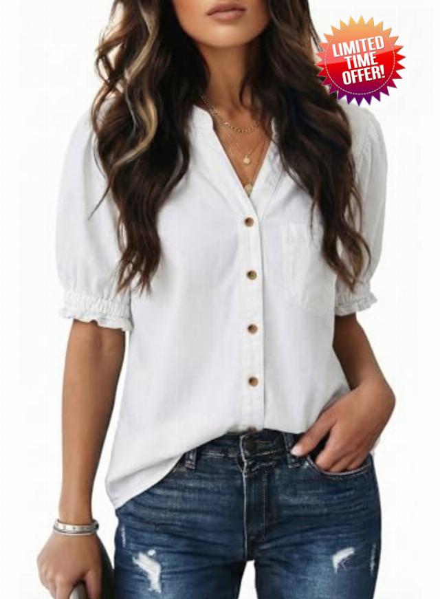 Dokotoo Women Denim Shirt Button Down Casual Short Sleeve V Neck Blouse Summer Tops