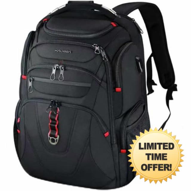 KROSER TSA Friendly Travel Laptop Backpack 17.3 inch XL Computer Backpack Water-Repellent College Daypack Business Backpack with RFID Pockets & USB Port for Men/Women-Black