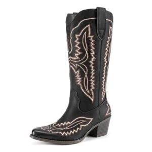 Athlefit Women's Square Toe Embroidery Western Mid Calf Cowboy Boots
