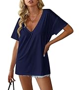 Avanova Women V Neck Side Slit Split Tee Oversized Short Sleeve Tshirts Summer Tops