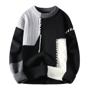 GURUNVANI Patchwork Sweater Mens Colorblock Jumper Cable Knitted Pullover Oversized