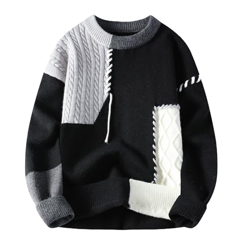 GURUNVANI Patchwork Sweater Mens Colorblock Jumper Cable Knitted Pullover Oversized