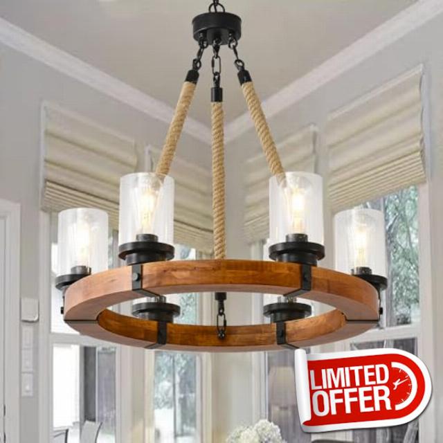 6-Light Wagon Wheel Chandelier Round Wooden Chandelier Light Fixture with Seeded Glass Shade Rustic Farmhouse Pendant for Dining Room Kitchen and Entryway