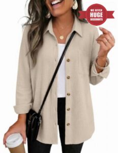 Zeagoo Womens Waffle Knit Shacket Collared Button Down Shirts Casual Long Sleeve Lightweight Blouses Tops with Pocke