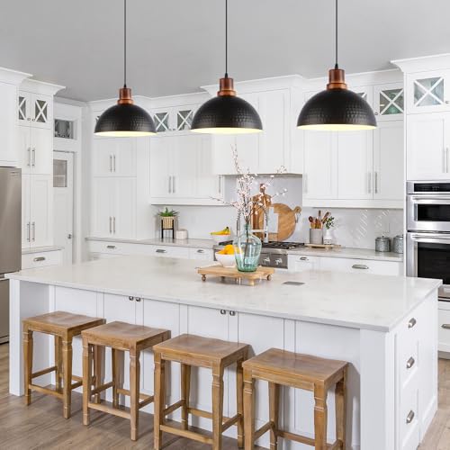 11.8" Hammered Metal Black Dome Pendant Lighting Black and Wood Pendant Light Fixture Hanging Ceiling Light for Dining Living Room Restaurant Sink