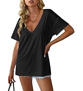 Avanova Women V Neck Side Slit Split Tee Oversized Short Sleeve Tshirts Summer Tops