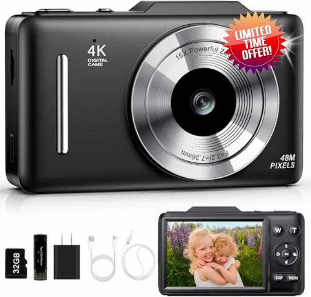 Digital Camera 4K for Kids-48MP Autofocus Vlogging Camera with 32GB Card