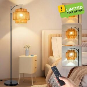 ILLMTW Rattan Floor Lamp for Living Room Bedroom Boho Arc Standing Lamp with Remote Dimmable Black Farmhouse Wicker Bamboo Lamp Shade Floor Light Tall Lamp Industrial Floor Lamps Bohemian Deco