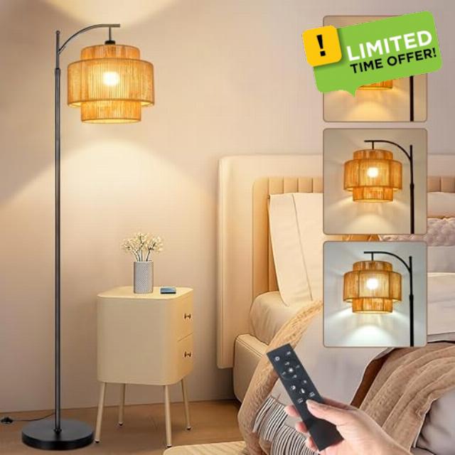 ILLMTW Rattan Floor Lamp for Living Room Bedroom Boho Arc Standing Lamp with Remote Dimmable Black Farmhouse Wicker Bamboo Lamp Shade Floor Light Tall Lamp Industrial Floor Lamps Bohemian Deco