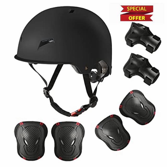 Skateboard Bike Helmet for Adults Adjustable Knee Elbow Pads Wrist Guards Protective Gear Helmets Set Teens for Bicycle Cycling Skate Scooter Bicycle Helme