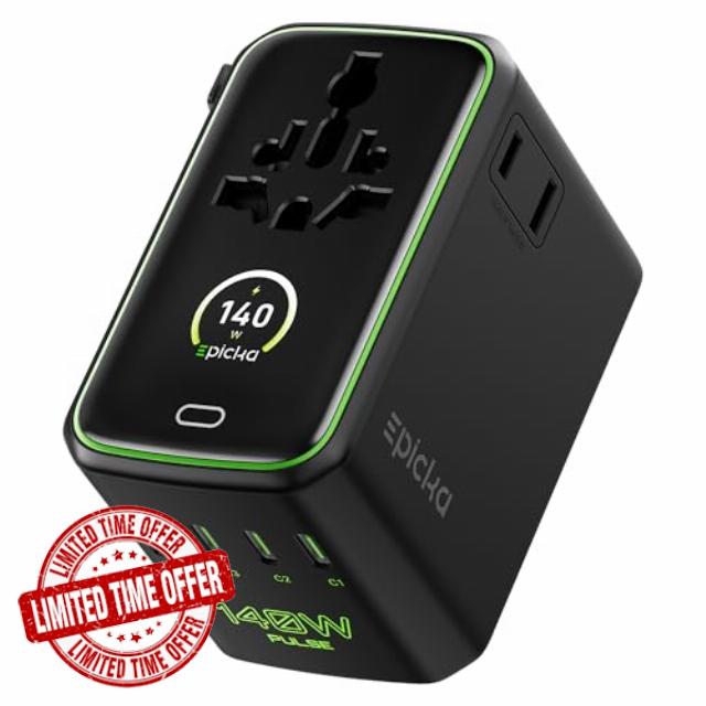 Epicka Pulse Duo 140W Universal Travel Adapter with Smart Display
