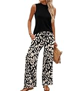 Rianclud 2 Piece Sets for Women Summer Casual Mock Neck Tank Top Matching Wide Leg Pants Set Trav...