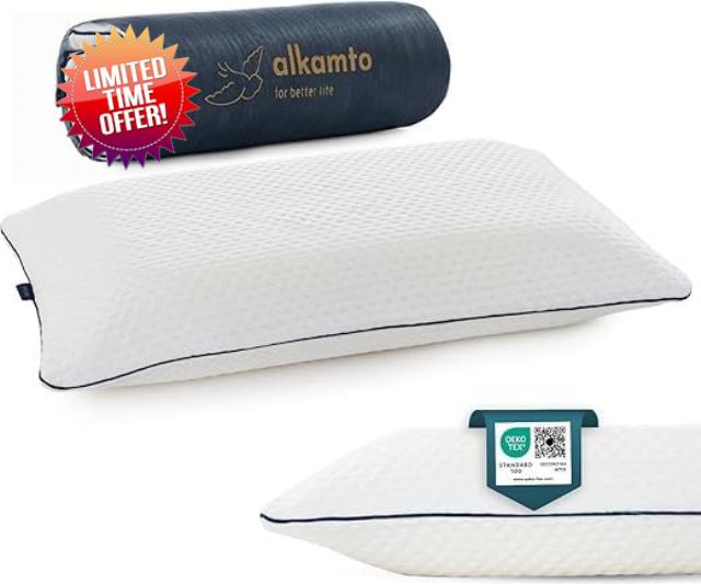 alkamto Memory Foam Pillow 27.5X 18 in”– Ergonomic Neck Support Pillow – Oeko-Tex Certified – Breathable & Thermoregulating Cover – Ideal for Back & Side Sleepers (27.5" (L) × 18" (W) × 4.7" (H))