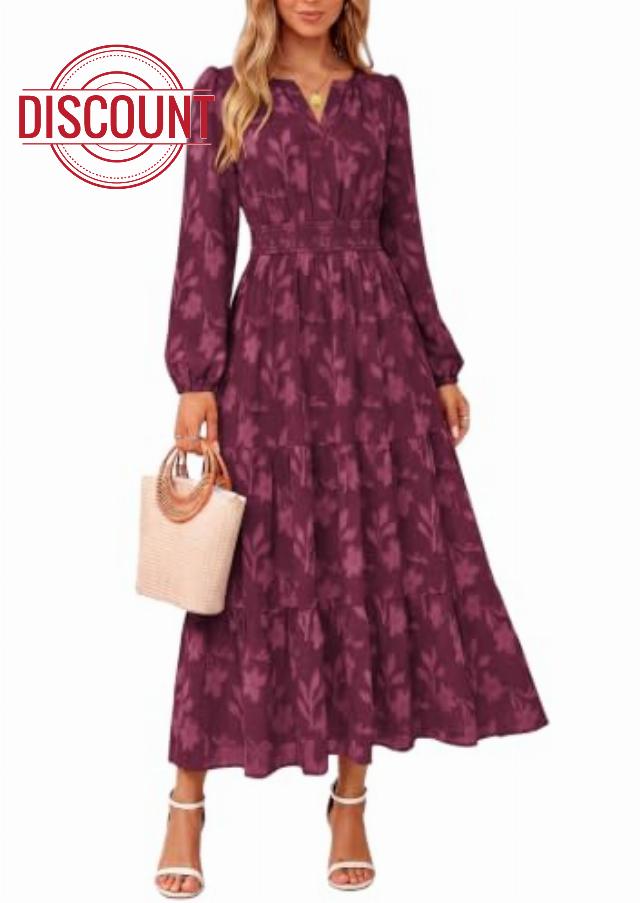 Kate Kasin Womens Long Sleeve Maxi Fall Wedding Guest Dresses with Pockets | Casual V Neck Elastic Waist Jacquard Textured Floral Boho Dress