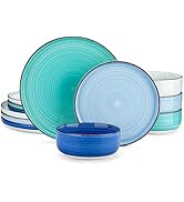 vancasso Bonita Dinnerware Set Blue Stoneware 12 Pieces Service for 4, Handpainted Spirals Patter...