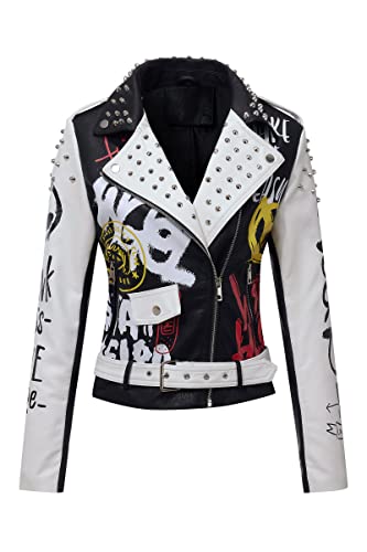 RISISSIDA Women Faux Leather Jacket Studded Rivet Spring Fall Fashion