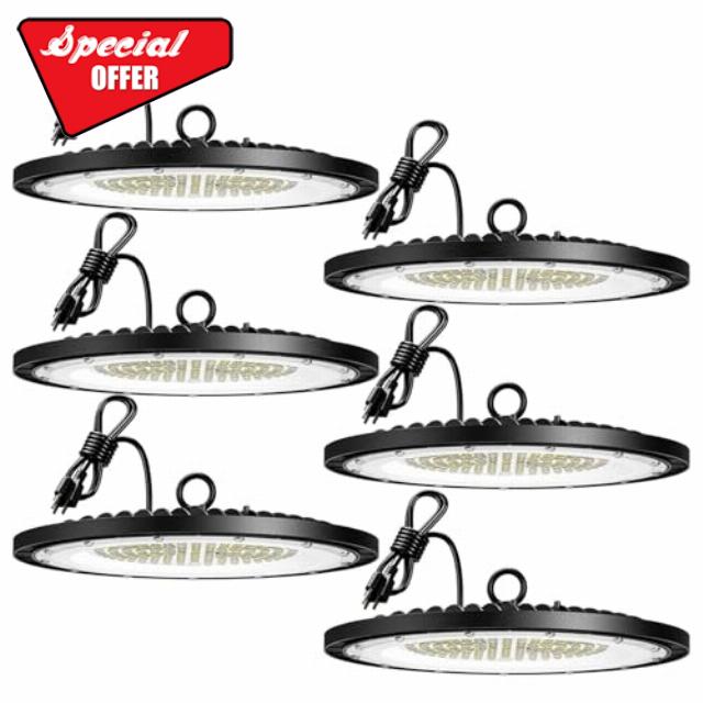 Amico UFO LED High Bay Light 150W 21000lm 5000K High Bay LED Shop Lights for Workshop Warehouse Barn with UL Listed US Hook 5' Cable Alternative to 650W MH/HPS for Commercial Lighting Fixture - 6 Pack