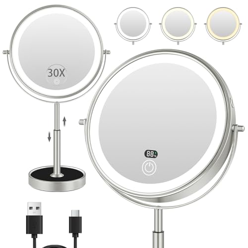 30X Magnifying Height Adjustable Mirror | 5000mah Rechargeable Battery with Level Display Vanity Mirrors with 3 LED Lighting Dimmable for desk Women Gif