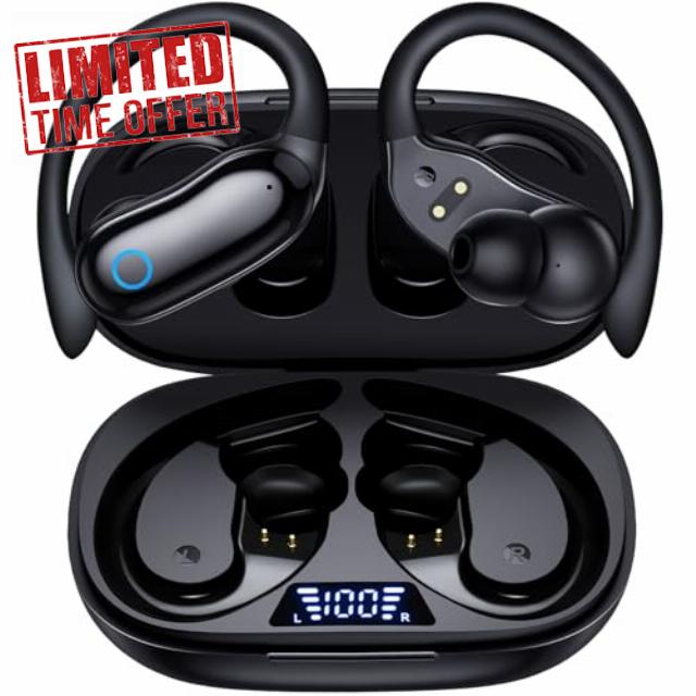 GNMN Active Noise Cancelling Ear Buds Wireless Earbuds 96hrs Playback Bluetooth Headphones Dual Battery Display Stereo Bass Earphones with Earhooks Microphone IPX7 Waterproof for Sports/Runing/Workou