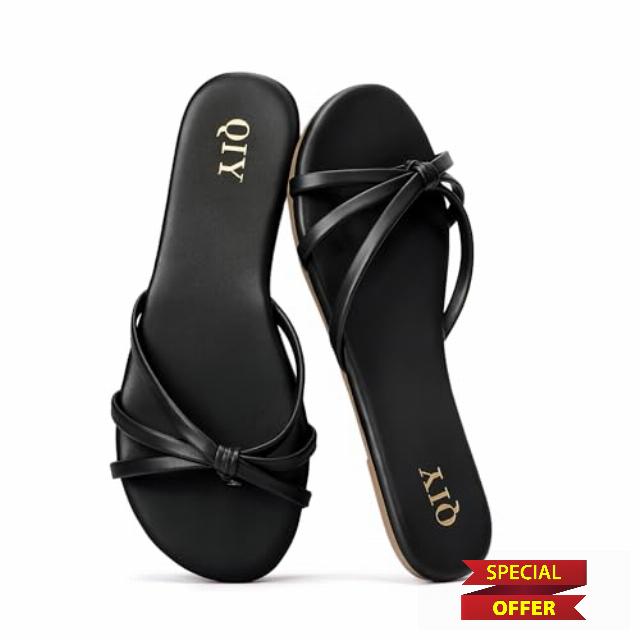 QIY Women's Flip Flops Flat Sandals Minimalist Knot Design Slip on Slide Sandals Comfortable Non Slip Summer Casual Thong Flats for Beach Vacatio