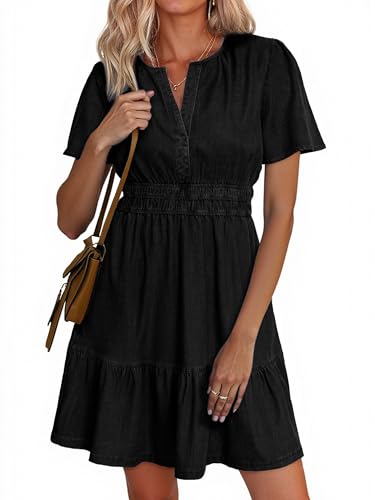 Simplee Womens Summer Denim Dress Casual Short Sleeve Tiered Mini Jean Dresses Western Cowgirl Country Outfits with Pockets