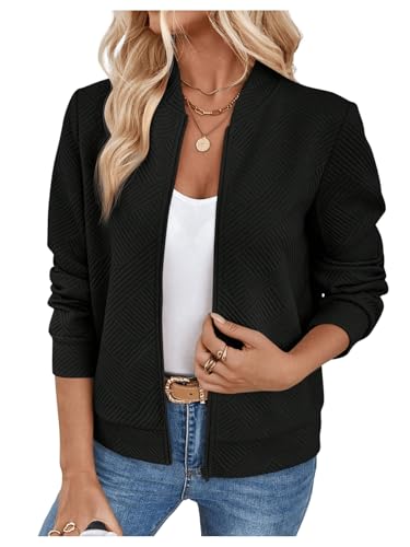Verdusa Women's Zip Up Bomber Jacket Casual Long Sleeve Textured Lightweight Coat Business Casual Outfits Spring Fall Clothes