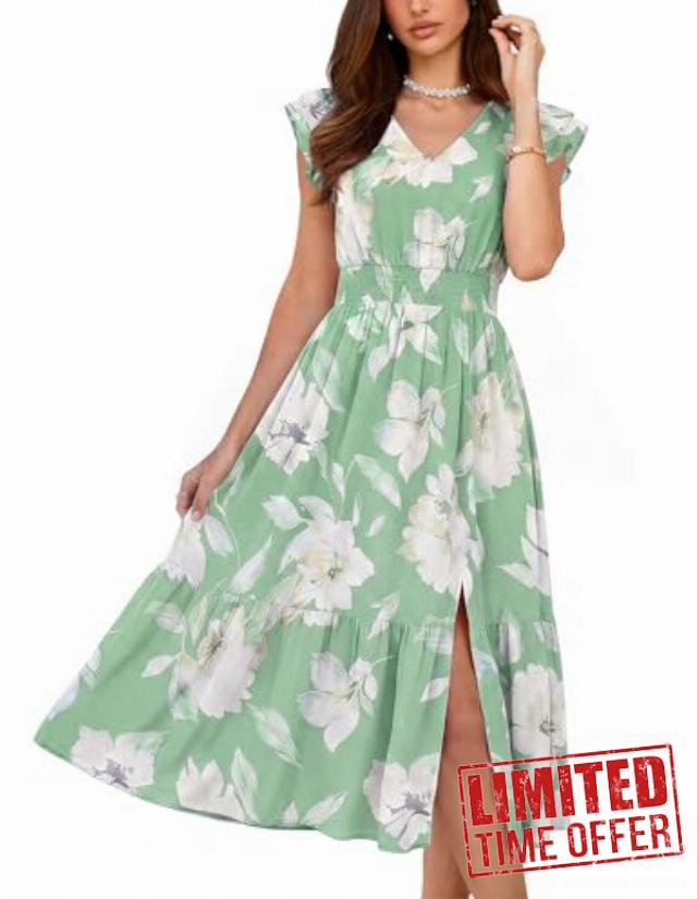 GRACE KARIN 2026 Womens Summer Dresses V Neck Ruffle Sleeve Floral Boho Beach Dress A-Line Swing Midi Wedding Guest Sundress