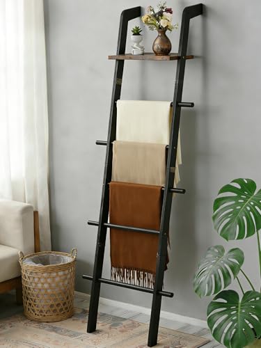 67-Inch Wooden 5-Tier Farmhouse Towels and Quilt Rack Decor - Wall Leaning Display Holder for Blankets and Throws