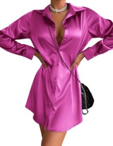Zeagoo Women's Stain Long Sleeve Dress Button Down Shirts Tunic Dresses Casual V-Neck Mini Dress with Bel