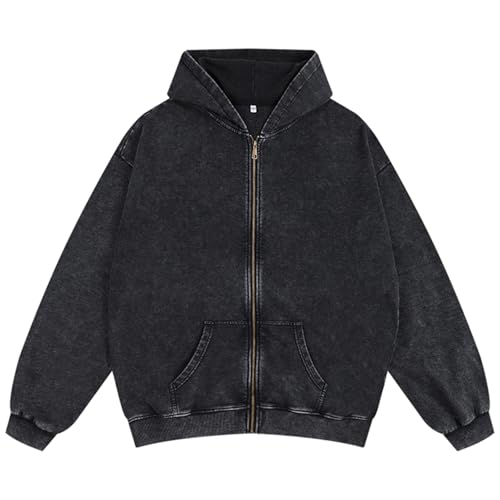 Pairxily Oversized Vintage Cotton Jacket Acid Wash Grunge Basic Zip Up Hoodie For Women Distressed Baggy Long Sleeve Tops